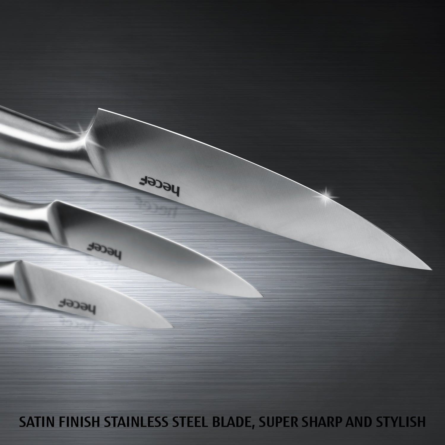 hecef Silver Kitchen knife set of 5, Satin Finish Blade with Hollow Handle, includes 8" Chef, 8"Bread, 8"Santoku, 5"Utility and 3.5"paring knife - Hecef Kitchen