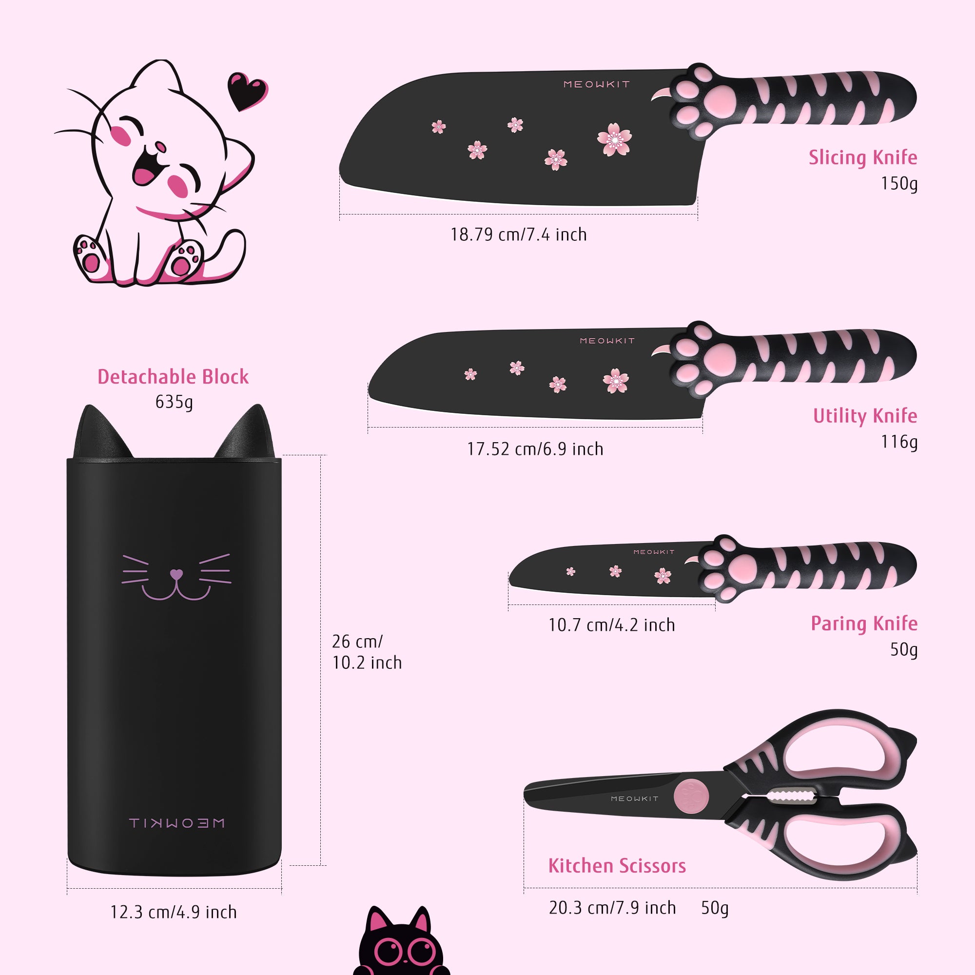 Meowkit 5-Piece Knife Set with Block, High Carbon Steel Extra Sharp Edge with Cat Paw Handle