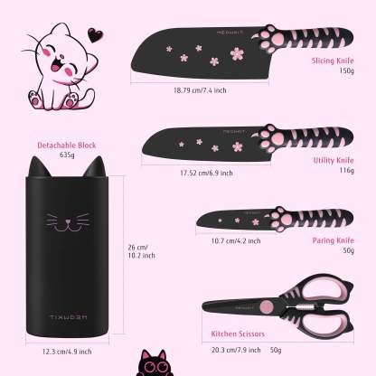 Meowkit 5-Piece Knife Set with Block, High Carbon Steel Extra Sharp Edge with Cat Paw Handle