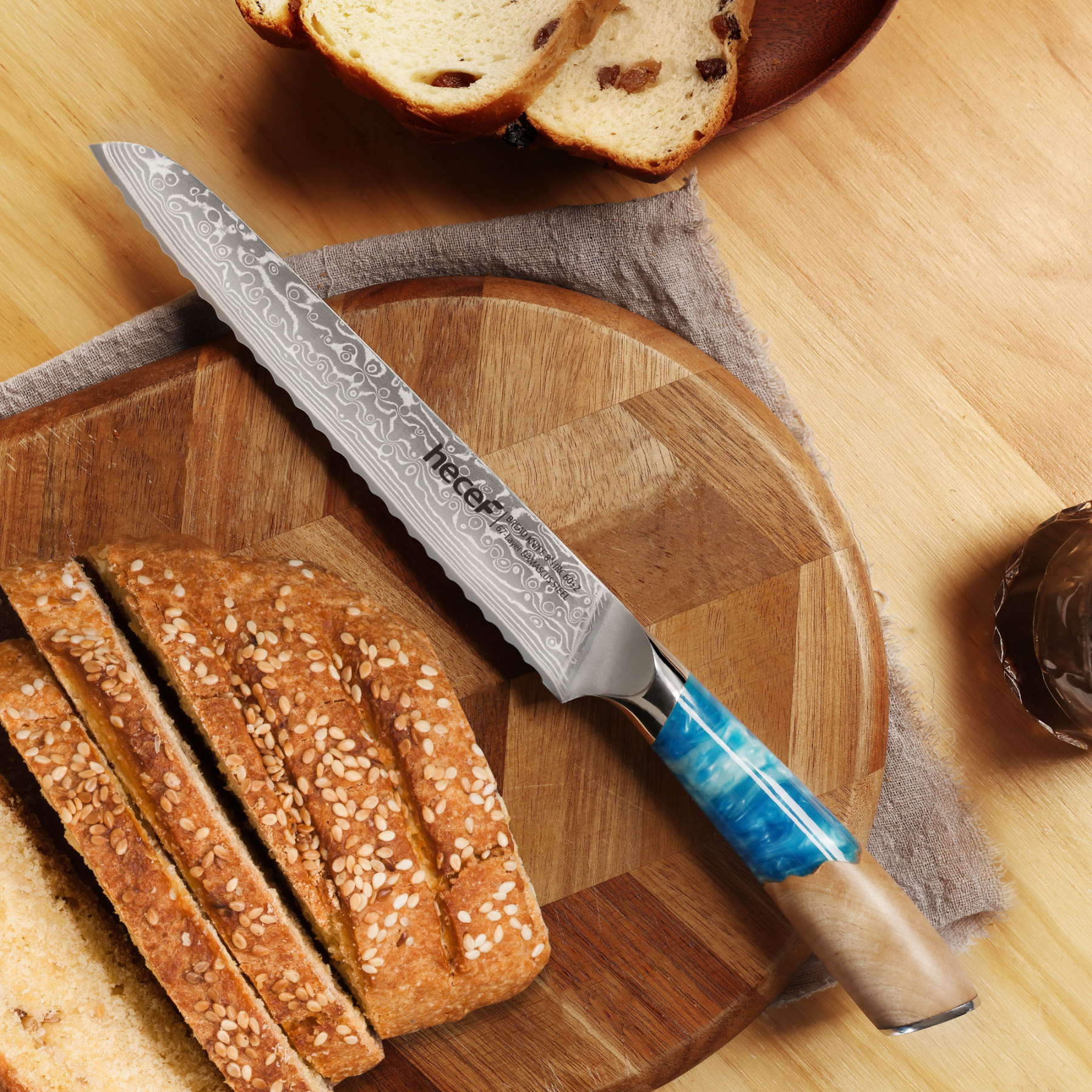 hecef 8.1in Damascus Bread Knife High Carbon Stainless Steel Ultra Sharp Janpanese Kitchen Knives with Resin Handle