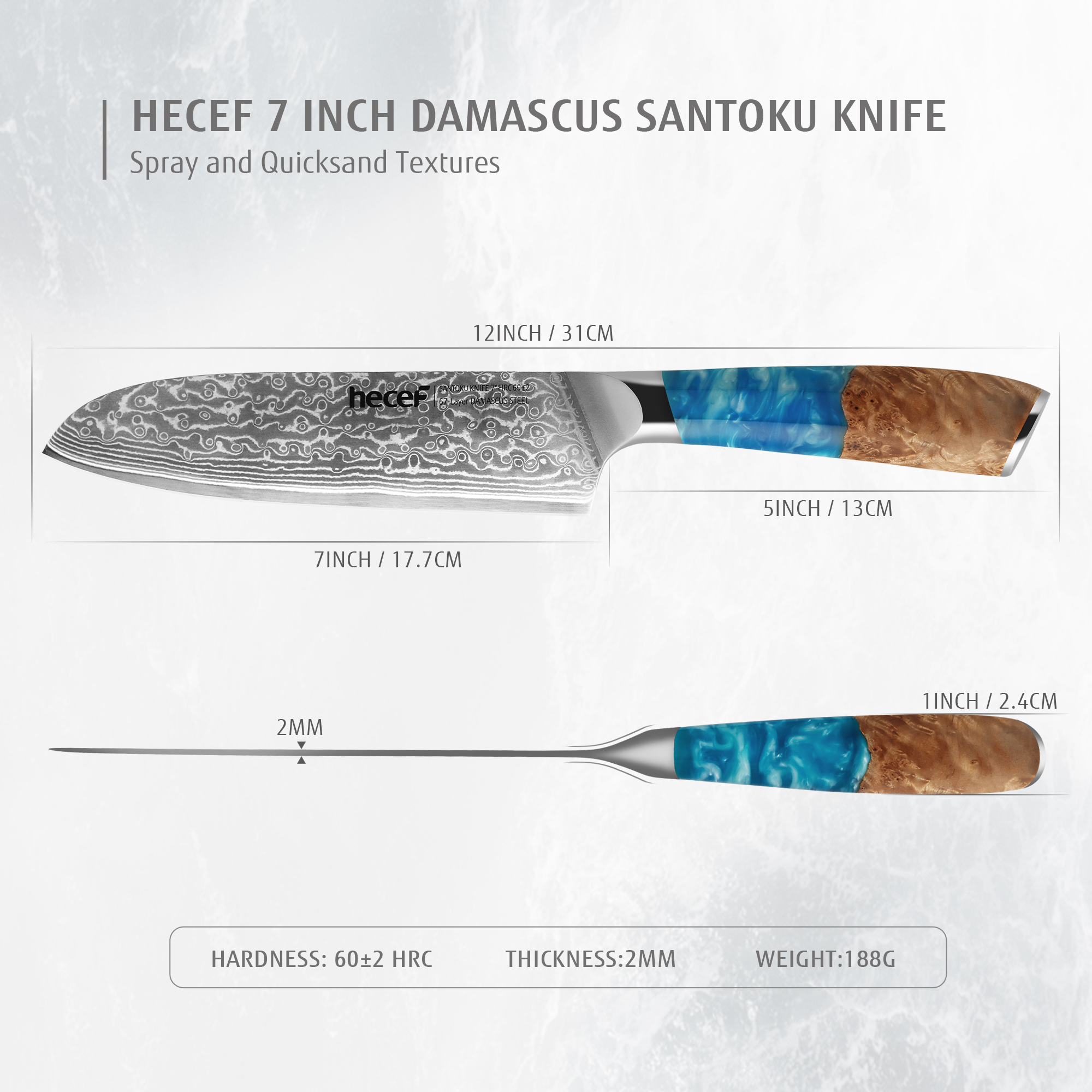 hecef 7in Damascus Chef Knife, High Carbon Stainless Steel Ultra Sharp Janpanese Kitchen Knives with Resin Handle 