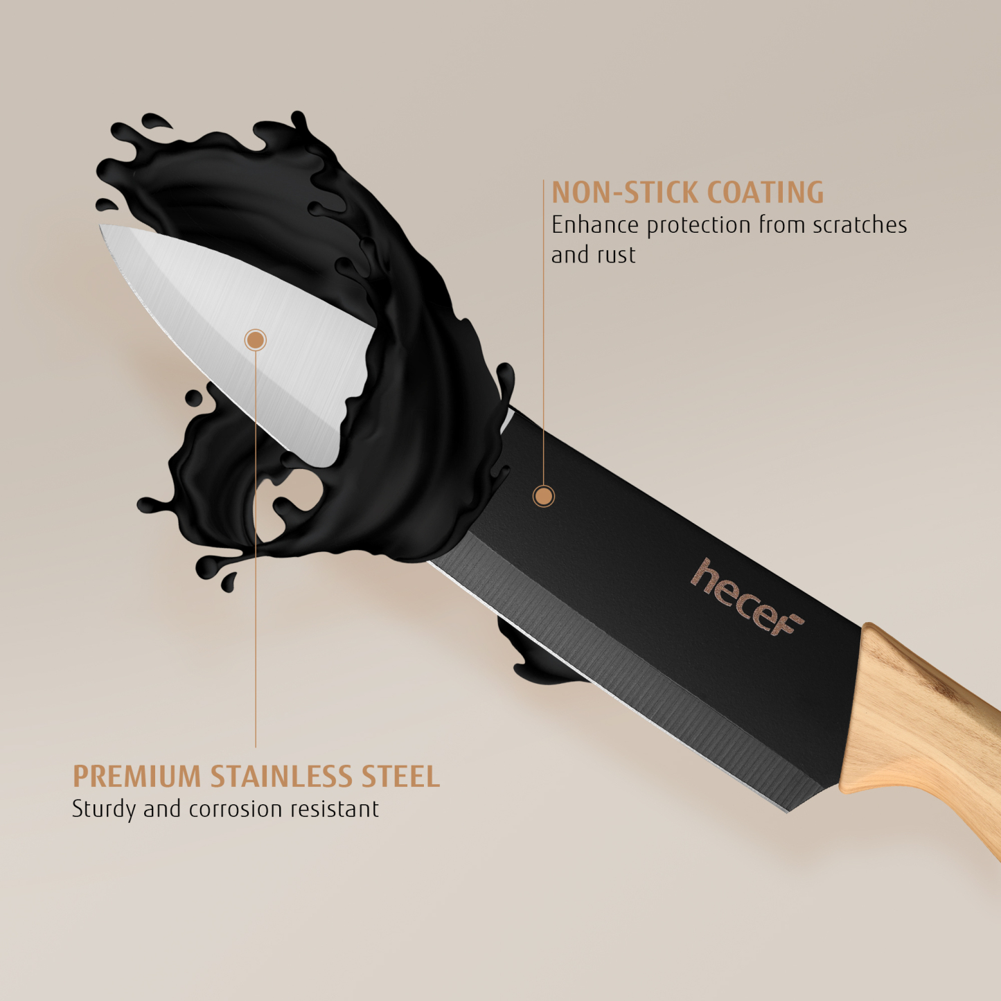 hecef 6-piece kitchen knife set with block stainless steel blades olive wood look chef's knife set
