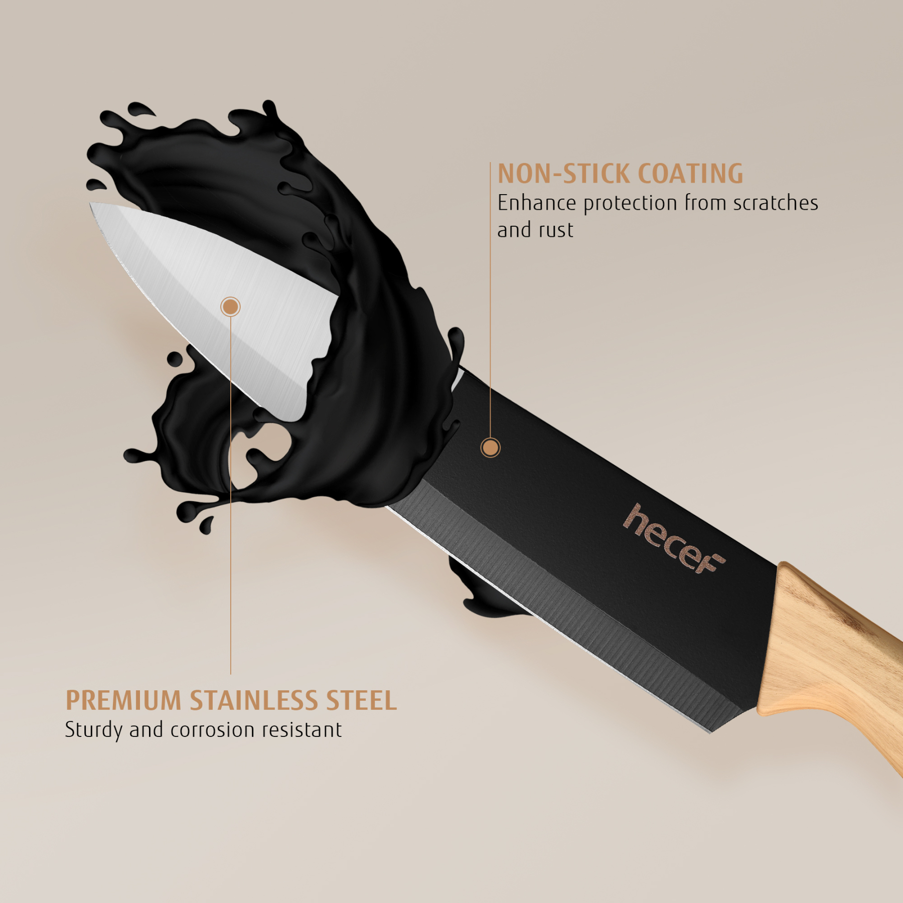 hecef 6-piece kitchen knife set with block stainless steel blades olive wood look chef's knife set