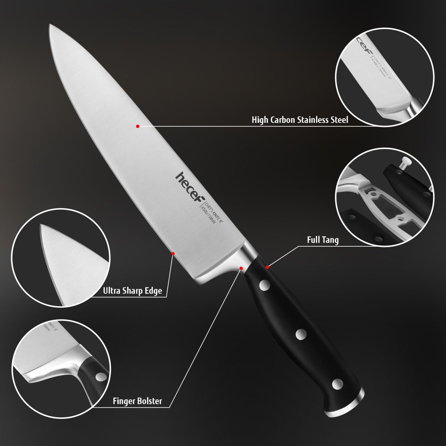 hecef Knife Set, 3-Piece Kitchen Knife Set with Ergonomic ABS Handle, Full Tang, Sharp Chef's Knife, Professional Knife Made of High-Quality Carbon Stainless Steel with Chef's Knife, Santukum Knife
