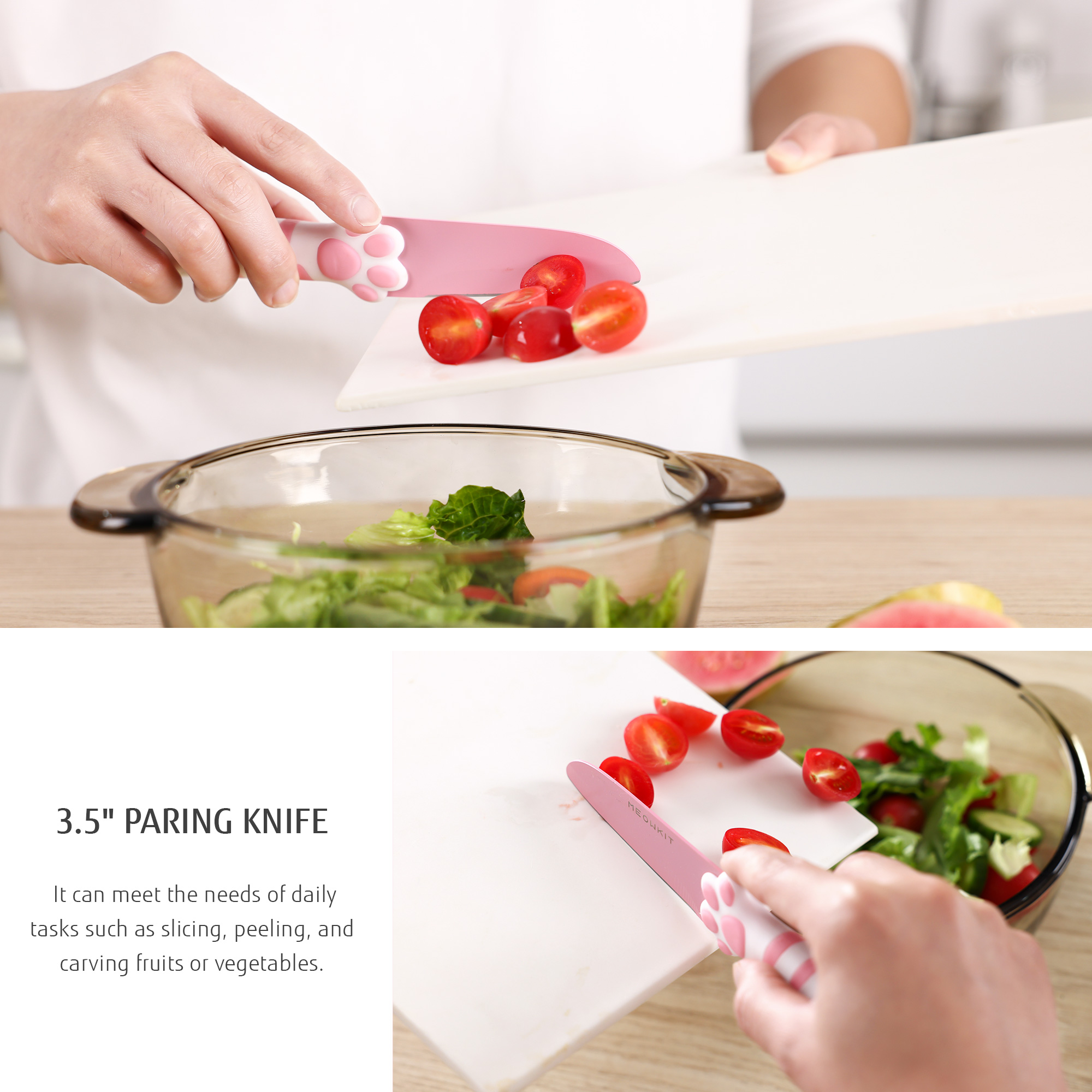 Meowkit Pink 3PCS Kitchen Knife Set Non-stick Coating Blade-PINK