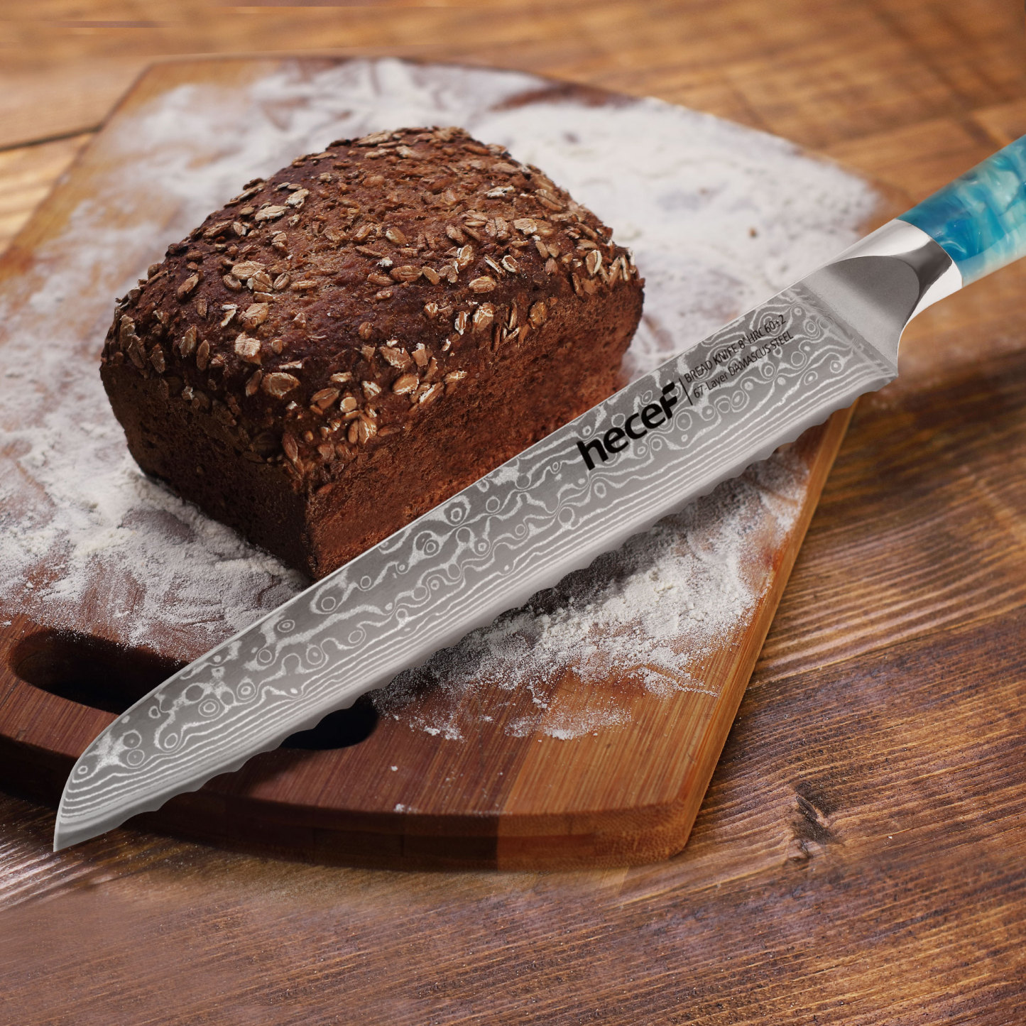 hecef 8.1in Damascus Bread Knife High Carbon Stainless Steel Ultra Sharp Janpanese Kitchen Knives with Resin Handle
