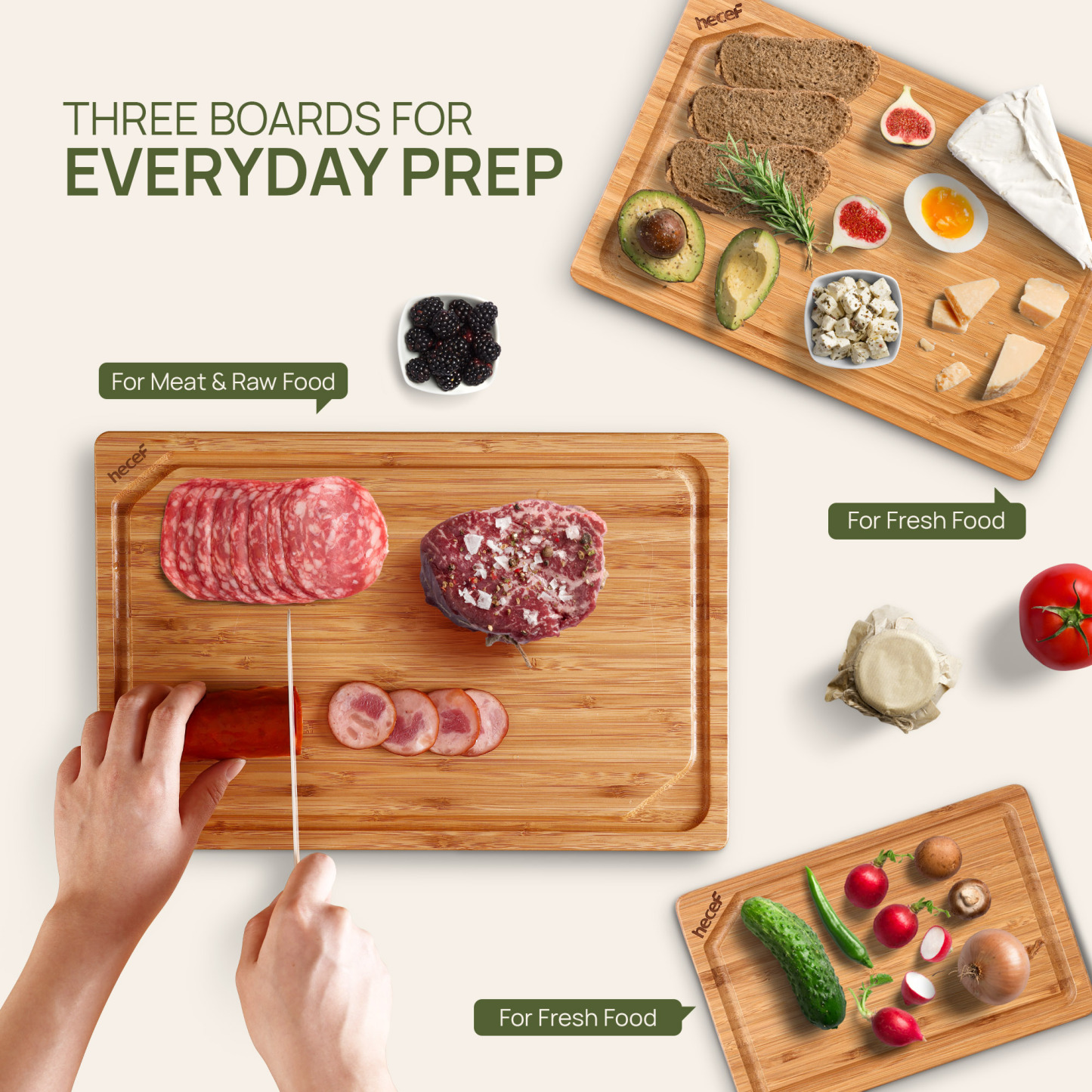 Hecef Carbonized Bamboo Cutting Board Set With Stand, 3 Reversible Chopping And Serving Boards, 15 Inch
