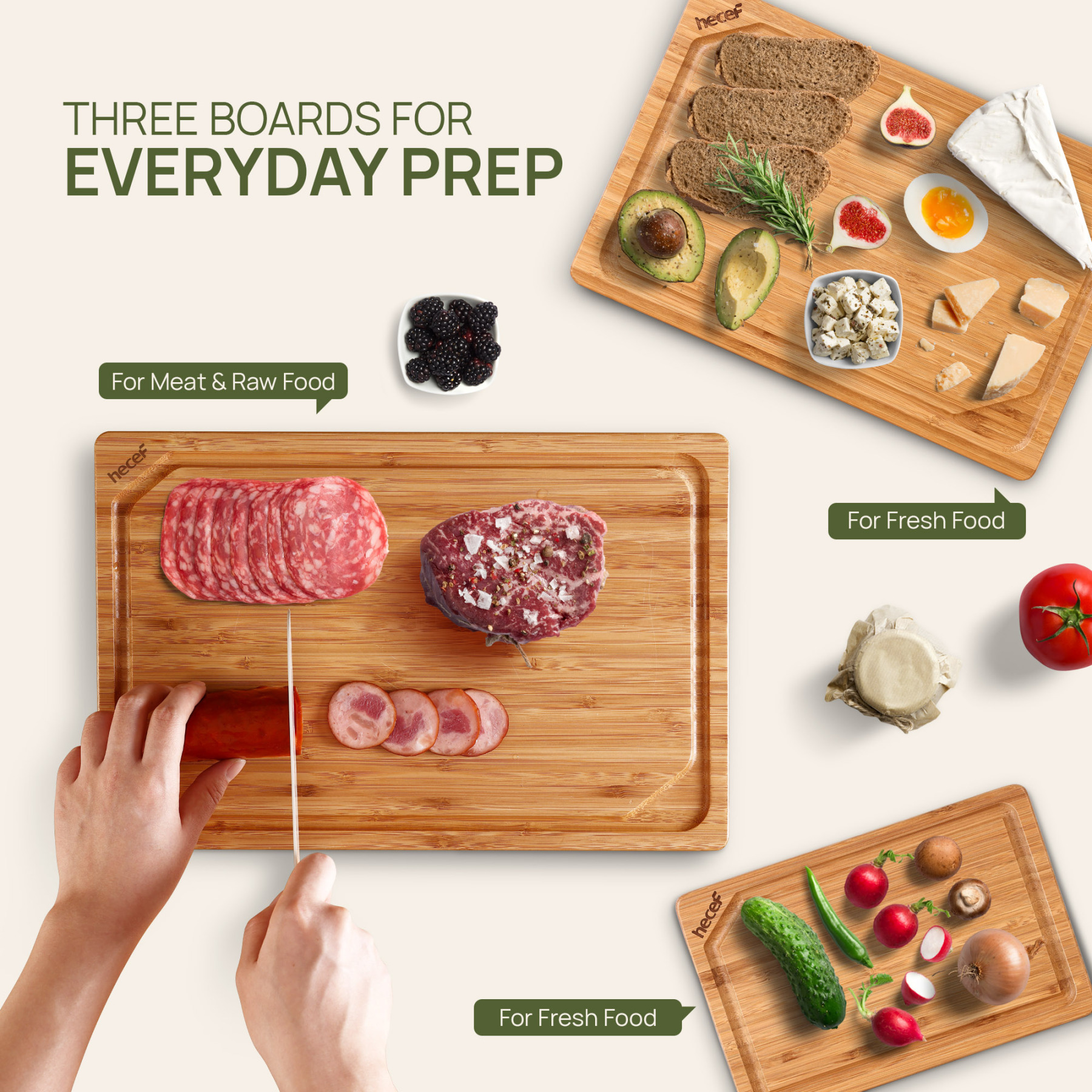 Hecef Carbonized Bamboo Cutting Board Set With Stand, 3 Reversible Chopping And Serving Boards, 15 Inch
