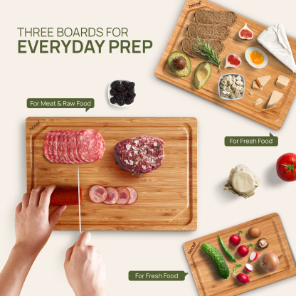 Hecef Carbonized Bamboo Cutting Board Set With Stand, 3 Reversible Chopping And Serving Boards, 15 Inch