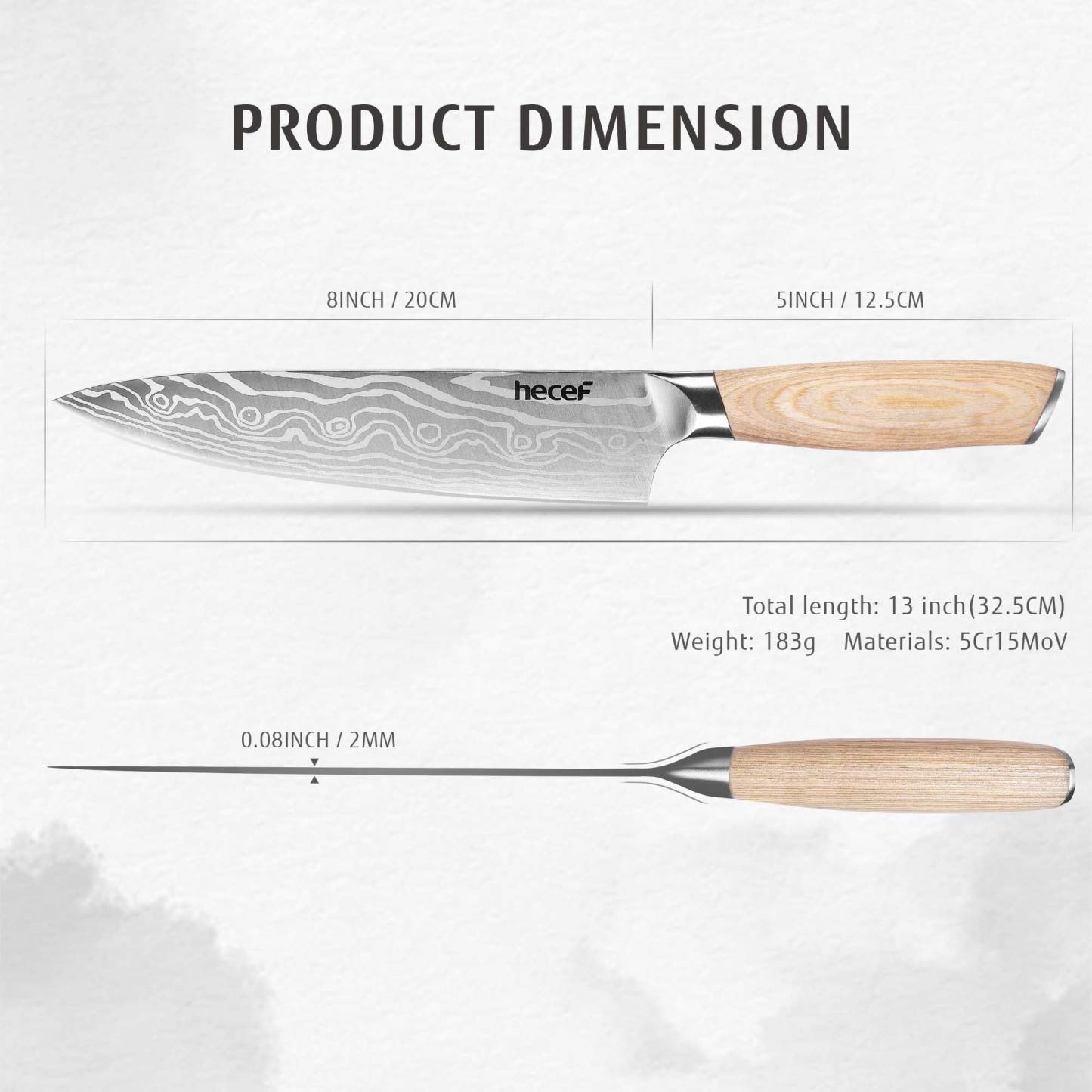 Hecef 8-Inch Chef Knife with Japanese Damascus Pattern Sharp Non-stick Ergonomic Wood Handle