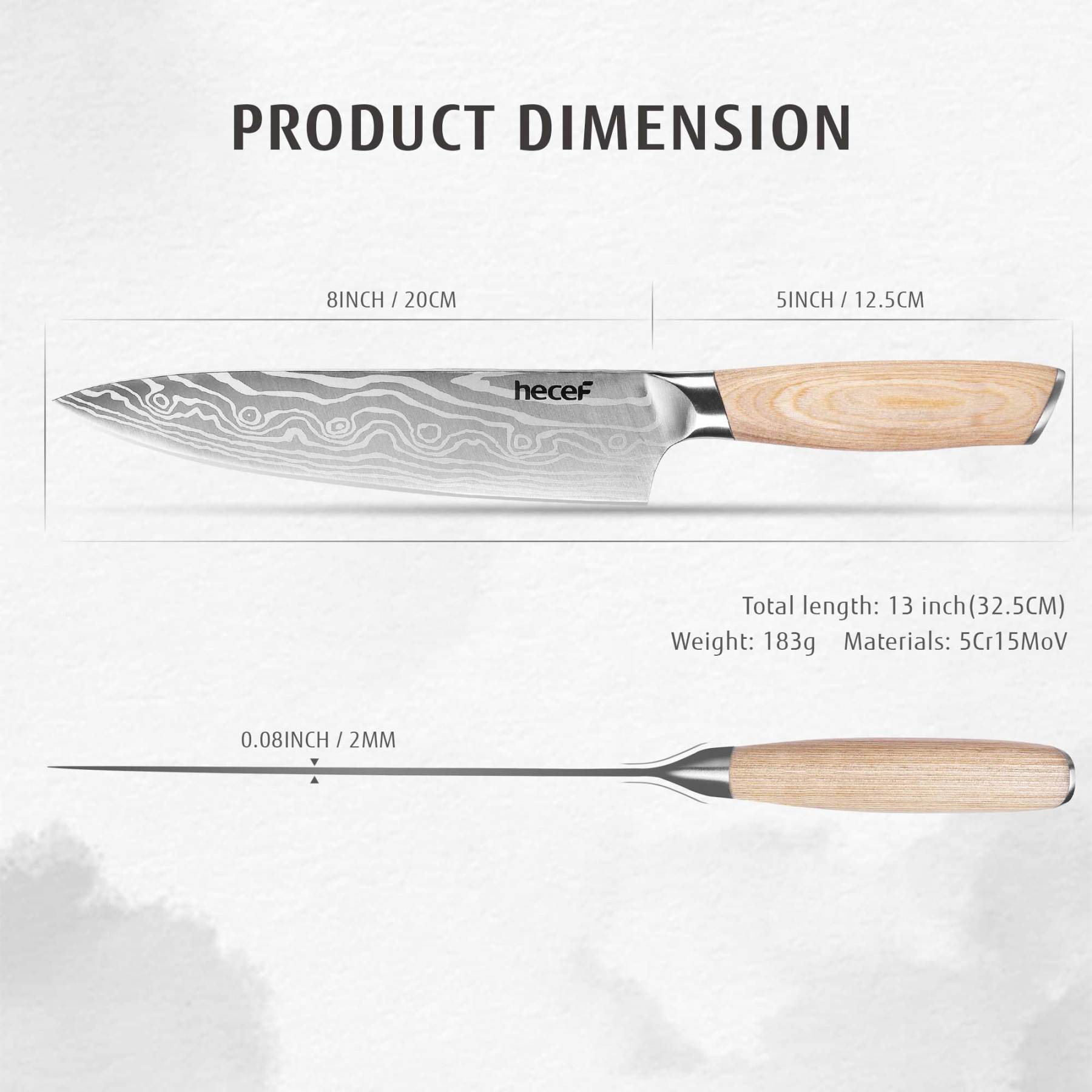 Hecef 8-Inch Chef Knife with Japanese Damascus Pattern Sharp Non-stick Ergonomic Wood Handle