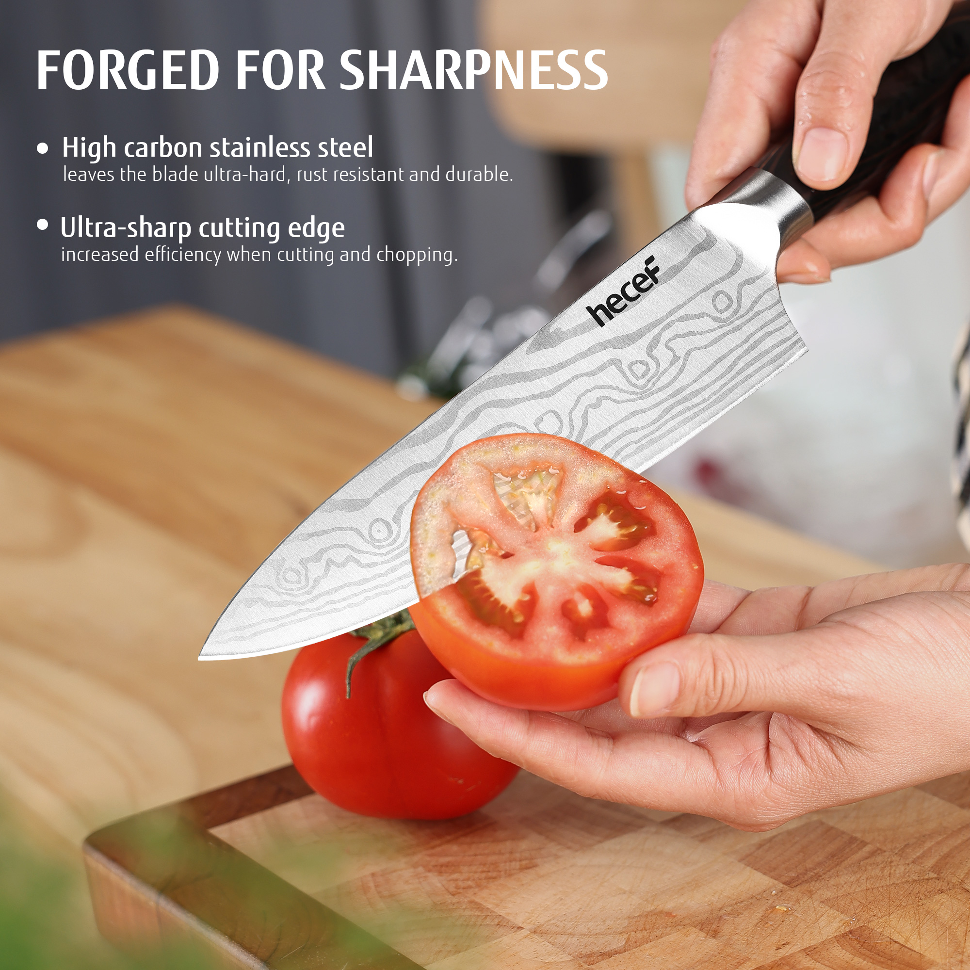 hecef 3PCS Professional Knife Set Stainless Steel Ergonomic wood Handle Laser Damascus Pattern Extra Sharp and Versatile, For Chef, Nakiri & Utility Knife, Perfect for all Kitchen Tasks