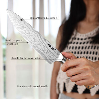 hecef 3PCS Professional Knife Set Stainless Steel Ergonomic wood Handle Laser Damascus Pattern Extra Sharp and Versatile, For Chef, Nakiri & Utility Knife, Perfect for all Kitchen Tasks