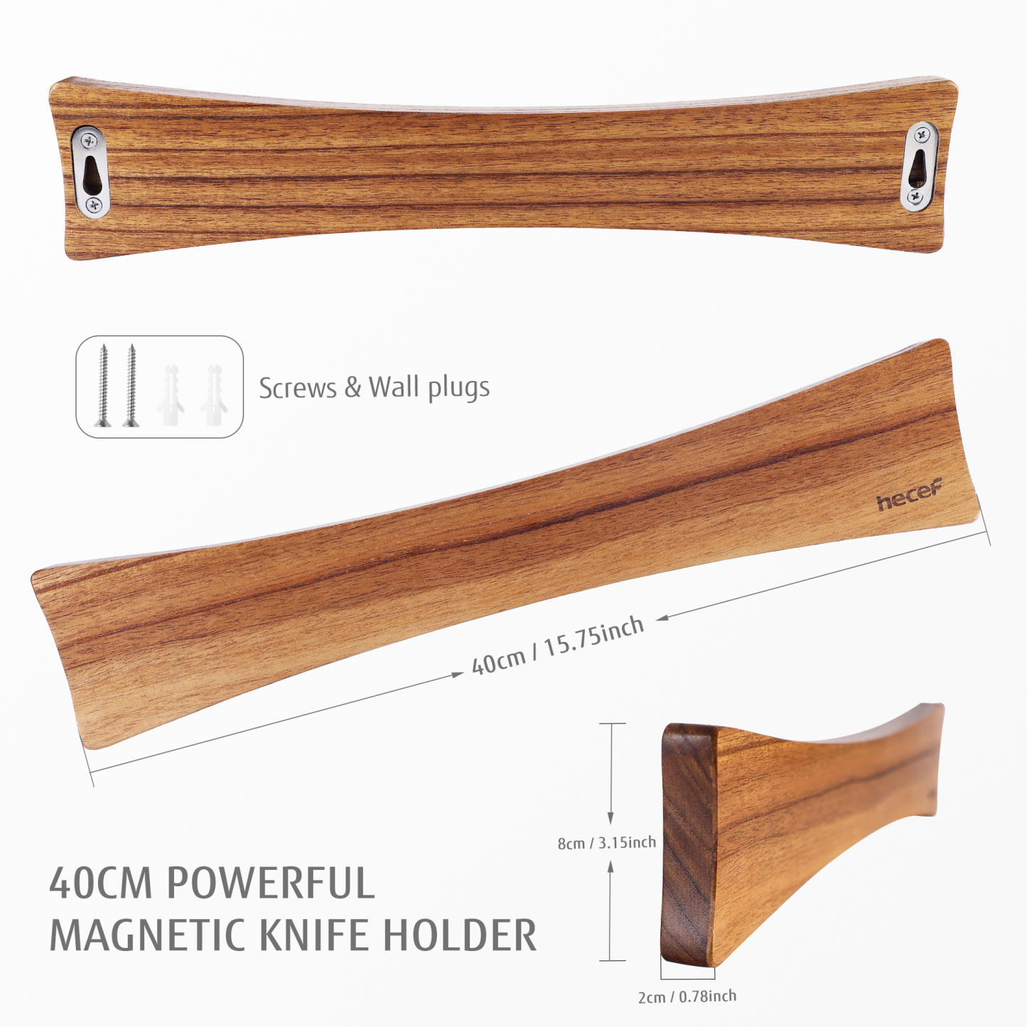 Hecef 15.7 In Chinaberry Wood Magnetic Knife Strip with Powerful Magnets for Wall, Kitchen Knife Organizer Rack
