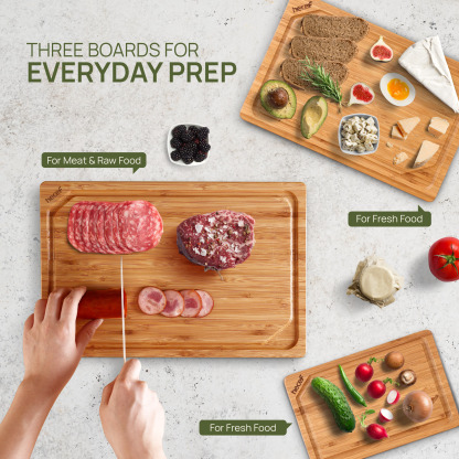 Hecef Carbonized Bamboo Cutting Board Set With Stand, 3 Reversible Chopping And Serving Boards, 15 Inch