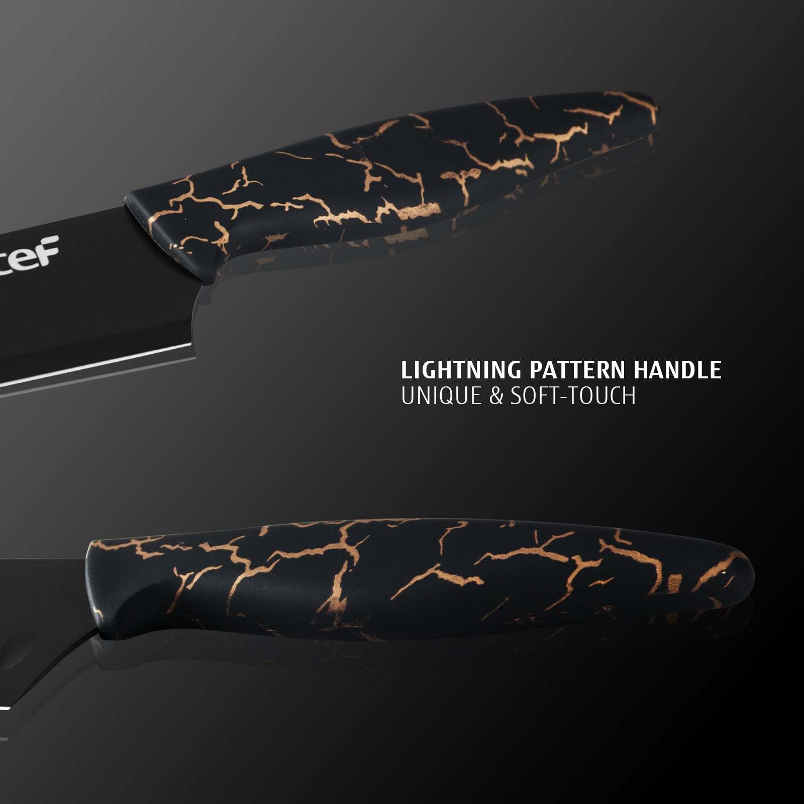 hecef 5 PCS Non-stick Coated Kitchen Knife Set with PP Handle and Protective Sheath, Exclusive Black Chef knife set, Scratch Resistance & Rust Proof (Lightning pattern) - Hecef Kitchen