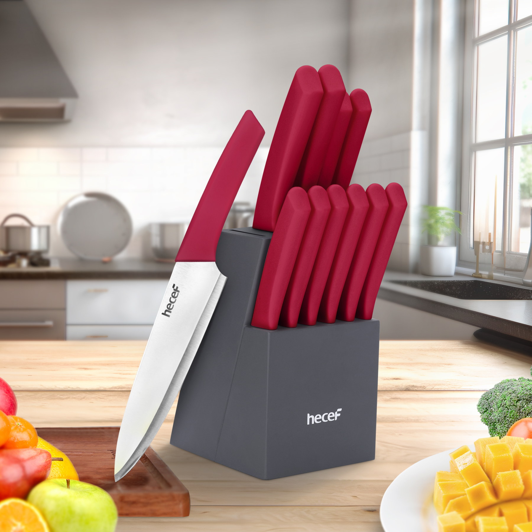 hecef 12 Pieces Knife Set with Wooden Block & Steak Knives Set, Lightweight and Strong High Carbon Stainless Steel Cutlery Set