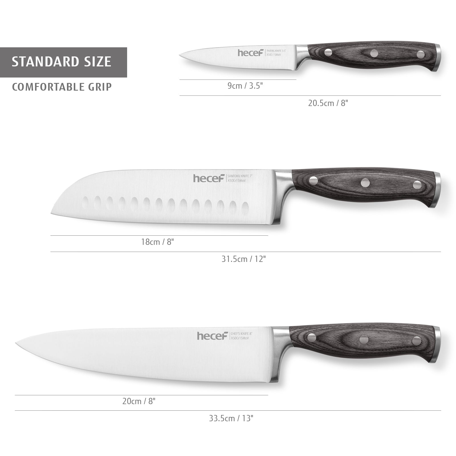 Hecef 3-Piece Professional Kitchen Knife Set, German Steel Extra Sharp Chef Knife Set
