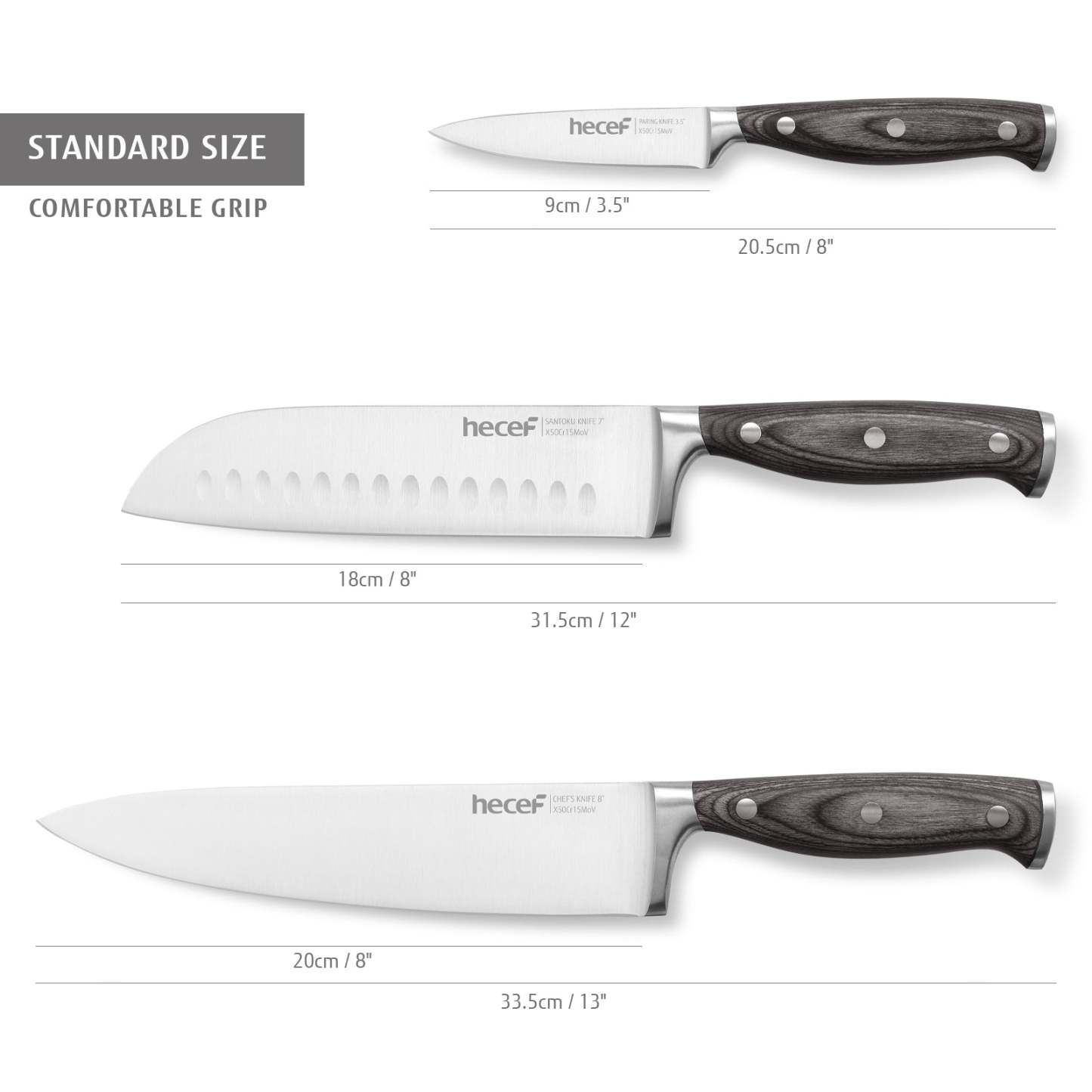 Hecef 3-Piece Professional Kitchen Knife Set, German Steel Extra Sharp Chef Knife Set