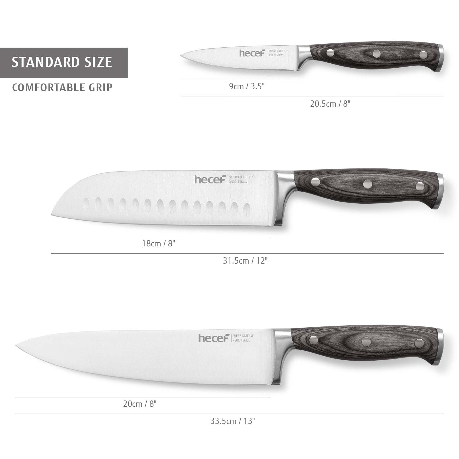 Hecef 3-Piece Professional Kitchen Knife Set, German Steel Extra Sharp Chef Knife Set