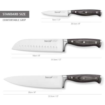 Hecef 3-Piece Professional Kitchen Knife Set, German Steel Extra Sharp Chef Knife Set