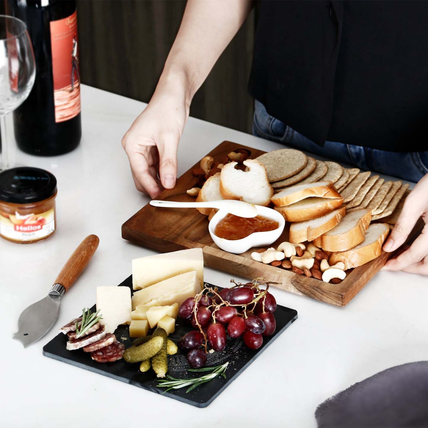 Hecef Acacia Wooden Cheese Board Gift Set with Black Slate & Knife - Hecef Kitchen