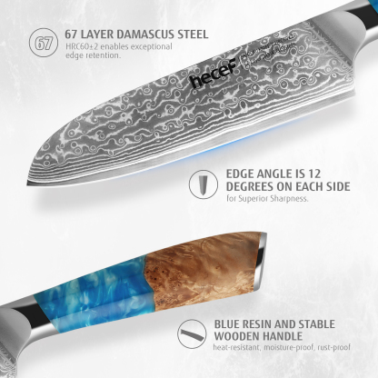 hecef 7in Damascus Chef Knife, High Carbon Stainless Steel Ultra Sharp Janpanese Kitchen Knives with Resin Handle 