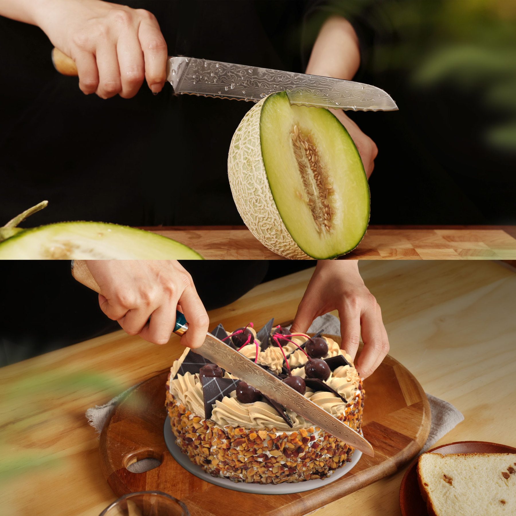 hecef 8.1in Damascus Bread Knife High Carbon Stainless Steel Ultra Sharp Janpanese Kitchen Knives with Resin Handle