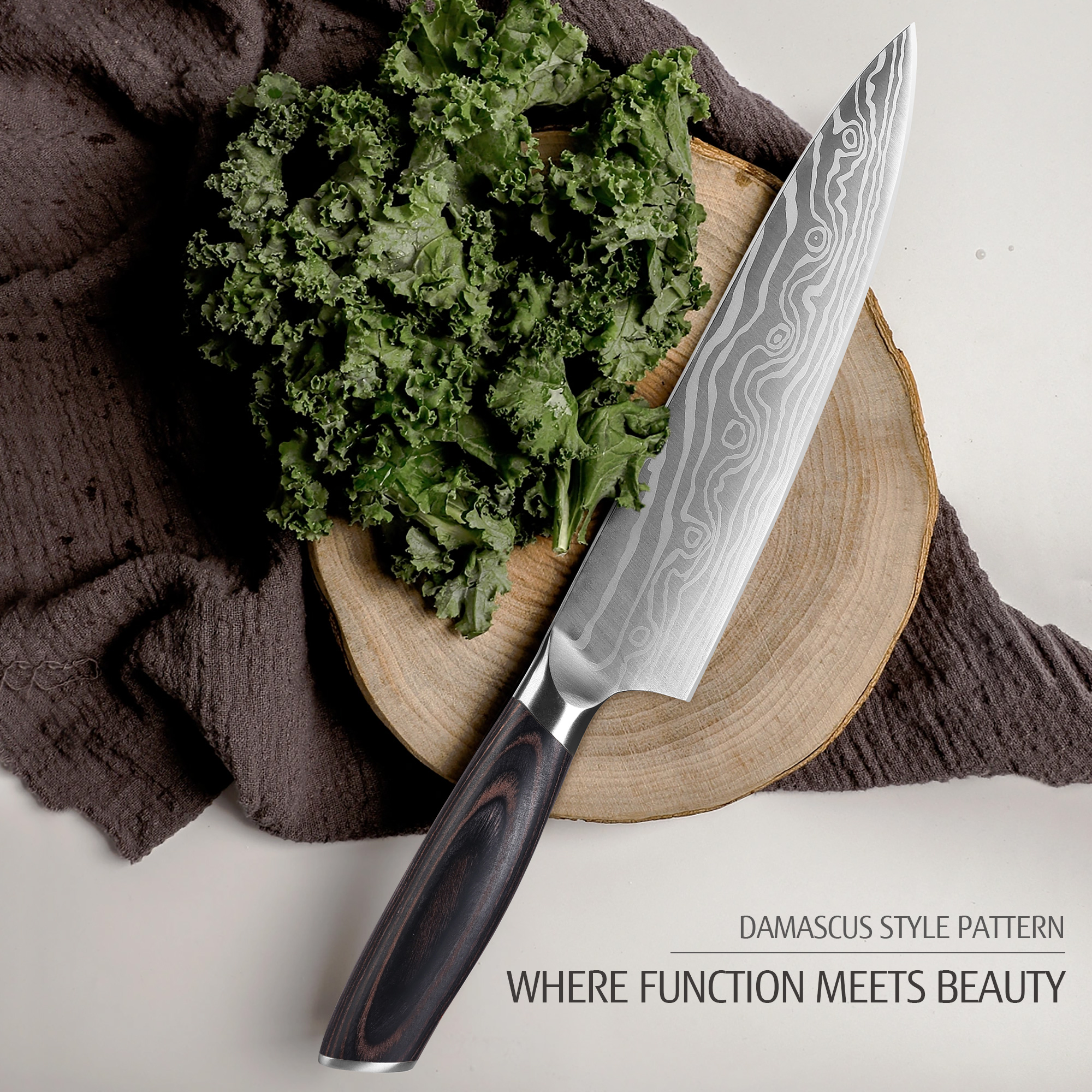 hecef 3PCS Professional Knife Set Stainless Steel Ergonomic wood Handle Laser Damascus Pattern Extra Sharp and Versatile, For Chef, Nakiri & Utility Knife, Perfect for all Kitchen Tasks