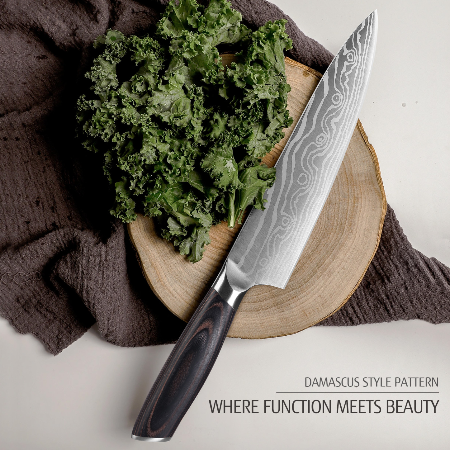 hecef 3PCS Professional Knife Set Stainless Steel Ergonomic wood Handle Laser Damascus Pattern Extra Sharp and Versatile, For Chef, Nakiri & Utility Knife, Perfect for all Kitchen Tasks