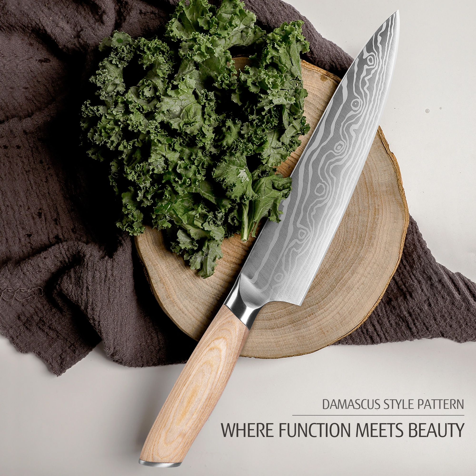 hecef 3PCS Professional Knife Set Stainless Steel Ergonomic wood Handle Laser Damascus Pattern Extra Sharp and Versatile, For Chef, Nakiri & Utility Knife, Perfect for all Kitchen Tasks