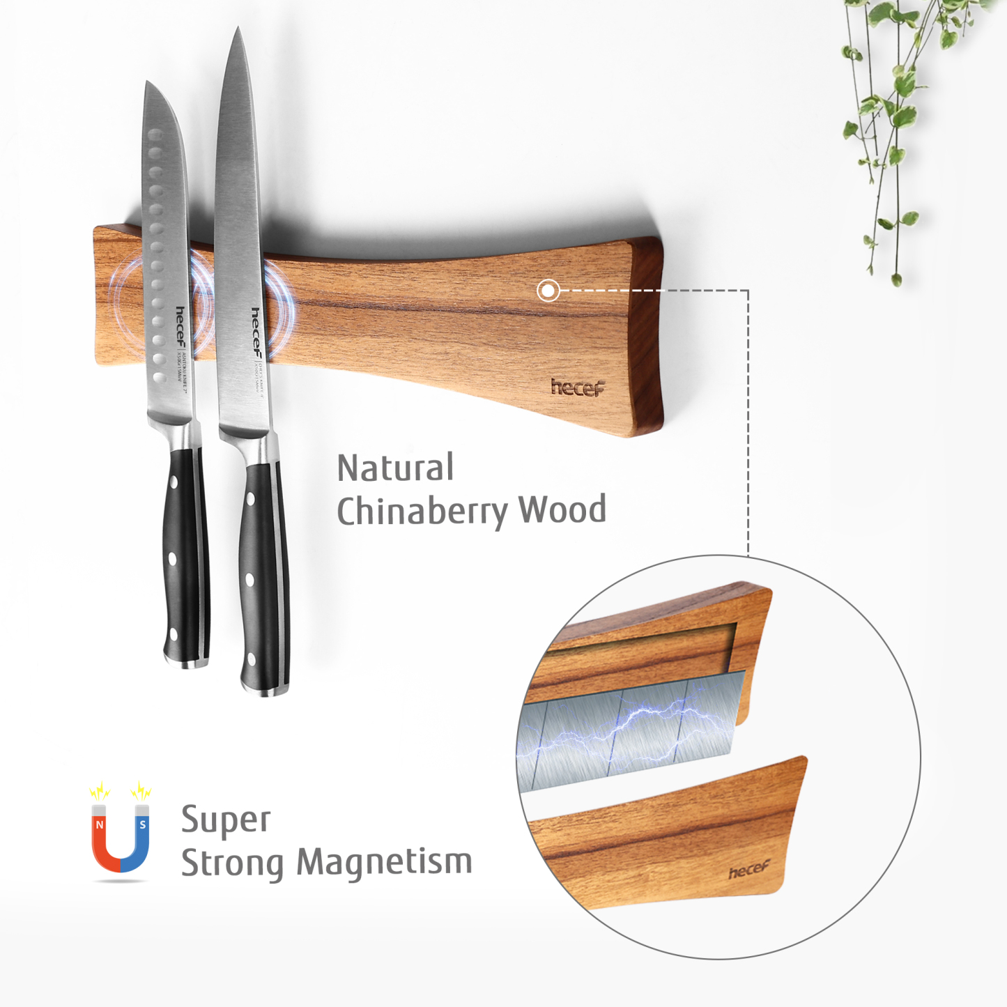 Hecef 15.7 In Chinaberry Wood Magnetic Knife Strip with Powerful Magnets for Wall, Kitchen Knife Organizer Rack