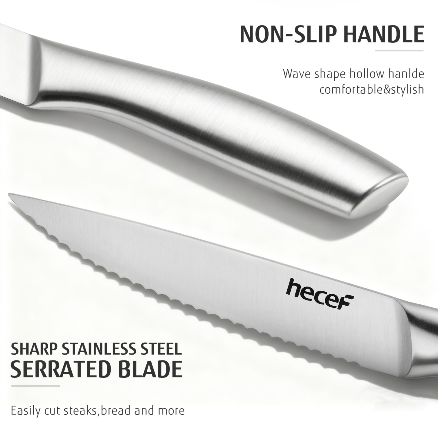 Hecef 6PCS All-steel Steak Knives, 5-inch High-carbon Stainless Steel Sharp Serrated Edge Dishwasher safe knives