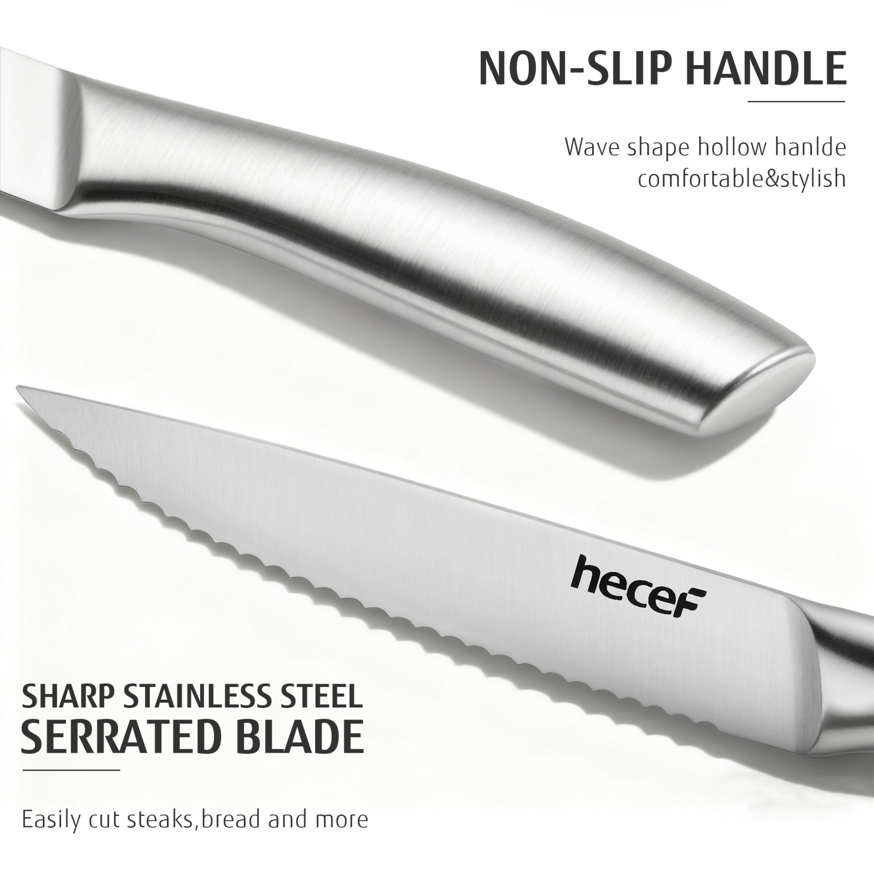Hecef 6PCS All-steel Steak Knives, 5-inch High-carbon Stainless Steel Sharp Serrated Edge Dishwasher safe knives