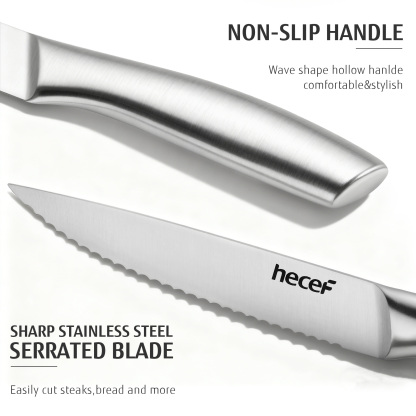 Hecef 6PCS All-steel Steak Knives, 5-inch High-carbon Stainless Steel Sharp Serrated Edge Dishwasher safe knives