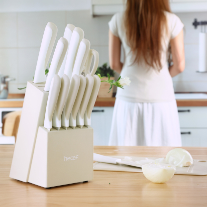 hecef 15PCS Sharp Kitchen Knife Set with Built-in Sharpening Wooden Block Dishwasher Safe