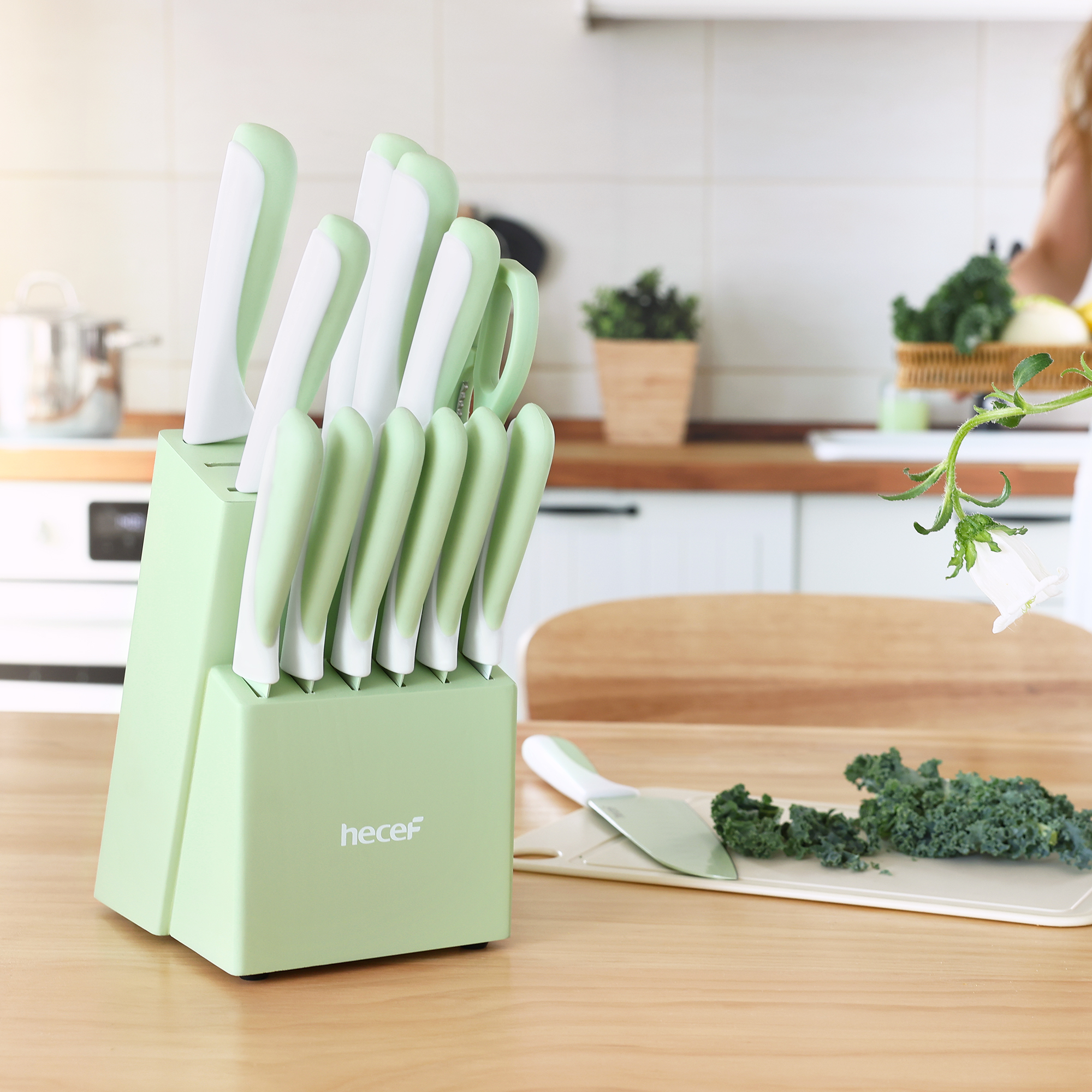 hecef 15PCS Sharp Kitchen Knife Set with Built-in Sharpening Wooden Block Dishwasher Safe