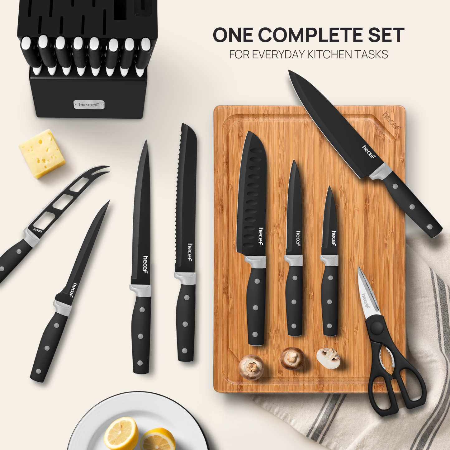 Hecef Upgraded 19 Piece Kitchen Knife Set With Block And Built In Sharpener, Dishwasher Safe Knives