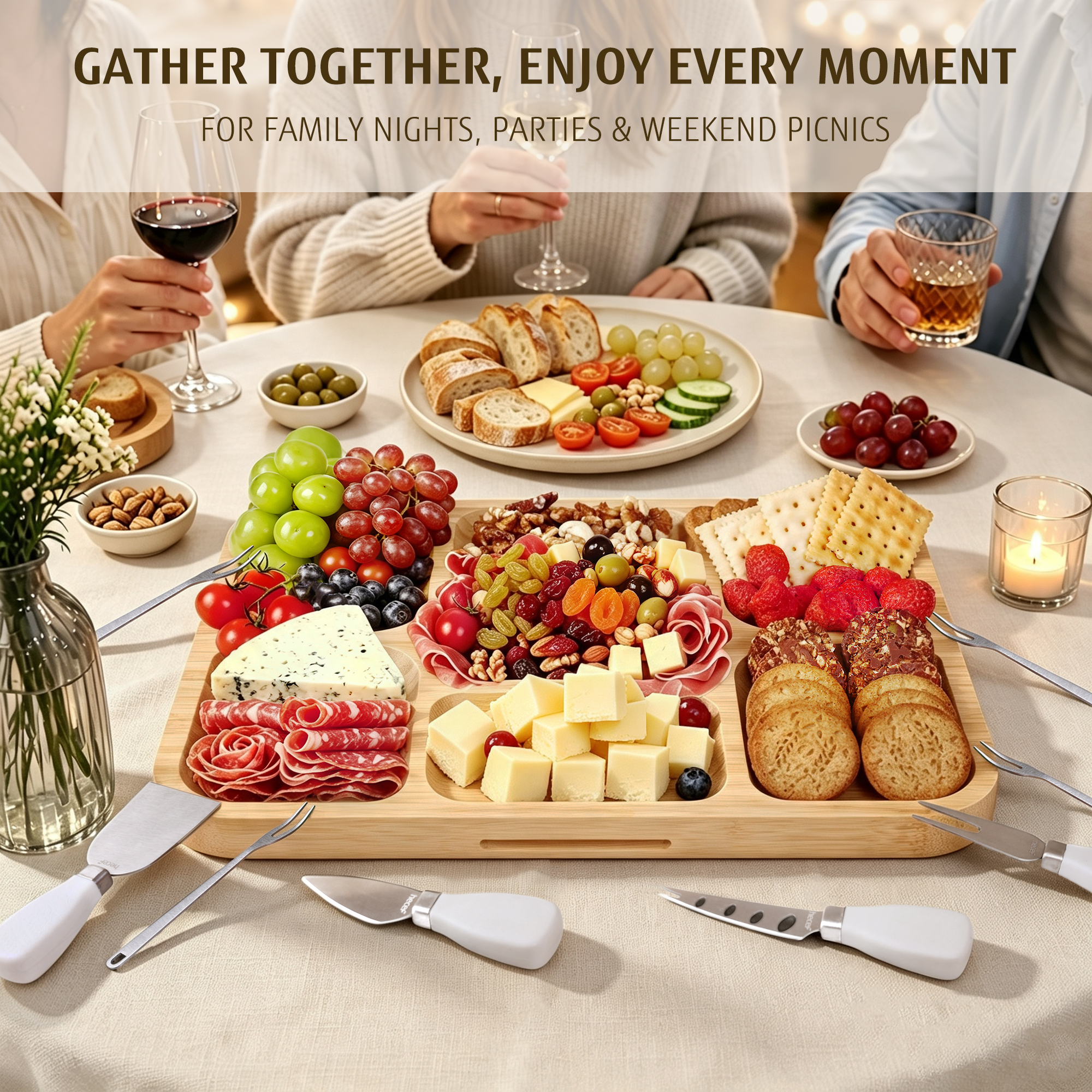 Hecef 12-Pieces Bamboo Searving Board, Cheese Board, Charcuterie Board