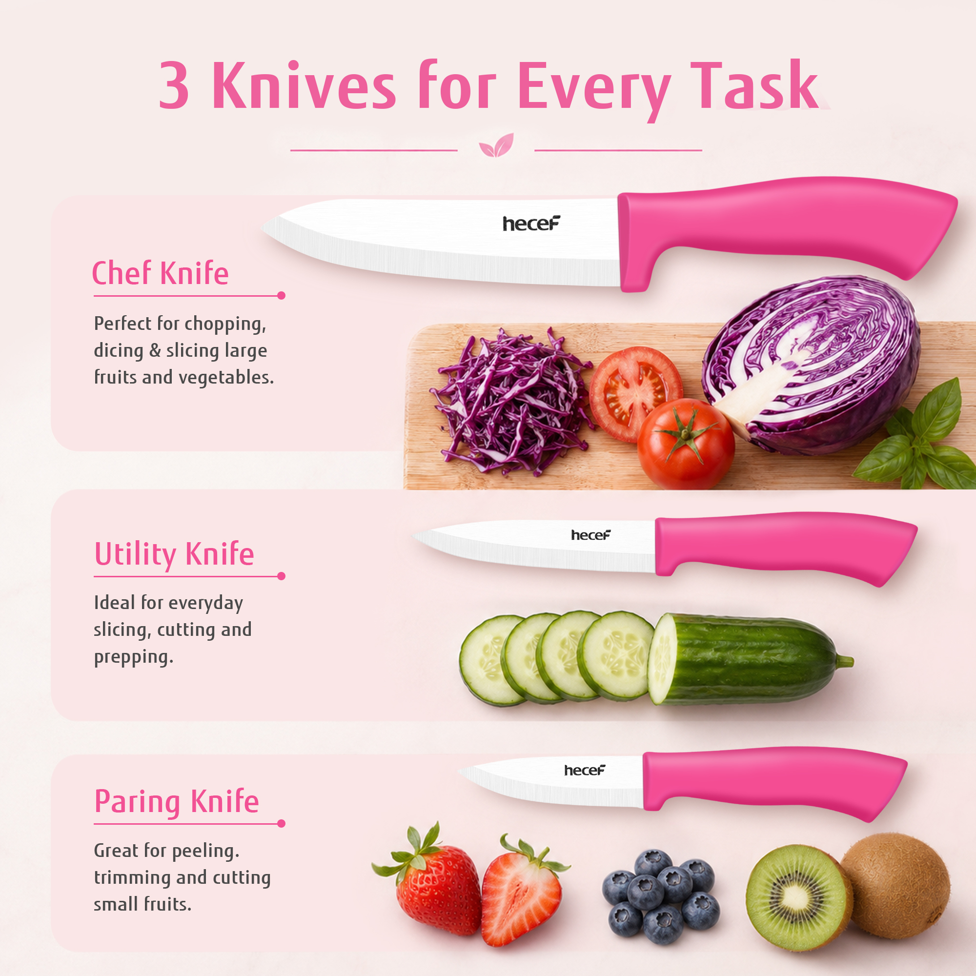 Hecef 3-Piece Ceramic Knife Set With 3 Blade Covers, Hot Pink Sharp Chef Utility Paring Knife