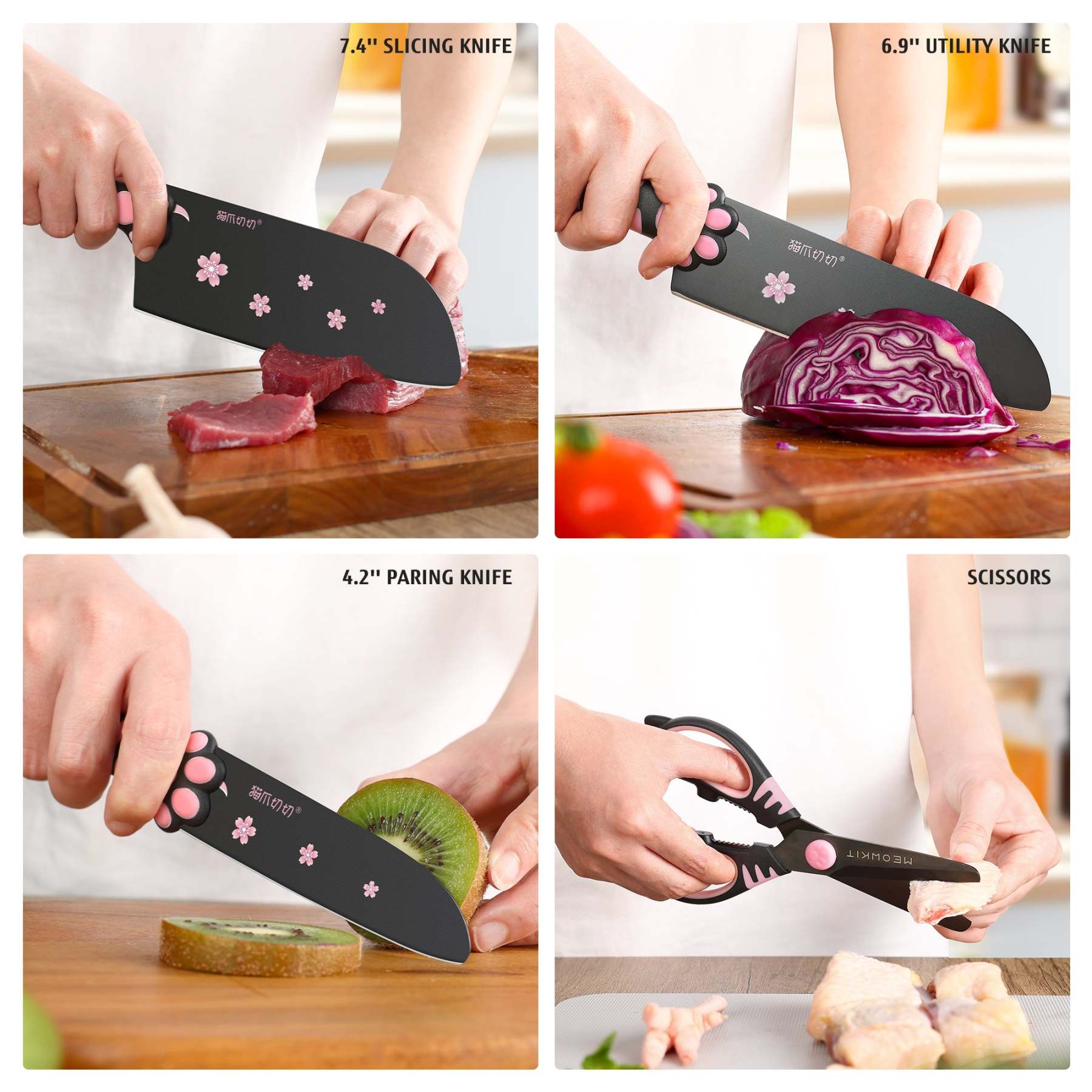 Meowkit 5-Piece Knife Set with Block, High Carbon Steel Extra Sharp Edge with Cat Paw Handle