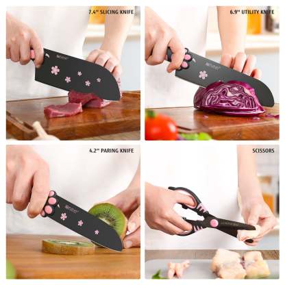 Meowkit 5-Piece Knife Set with Block, High Carbon Steel Extra Sharp Edge with Cat Paw Handle
