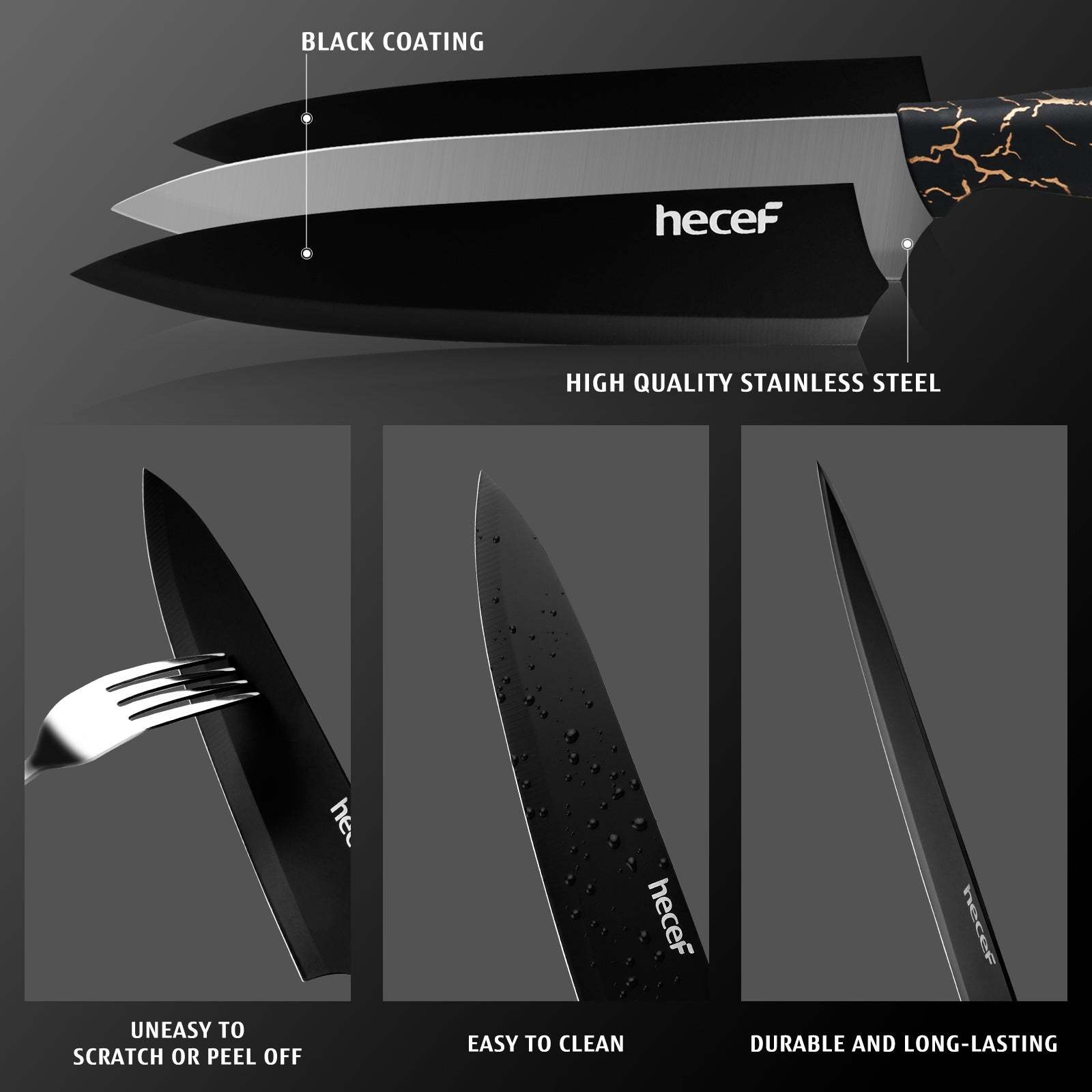 hecef 5 PCS Non-stick Coated Kitchen Knife Set with PP Handle and Protective Sheath, Exclusive Black Chef knife set, Scratch Resistance & Rust Proof (Lightning pattern) - Hecef Kitchen