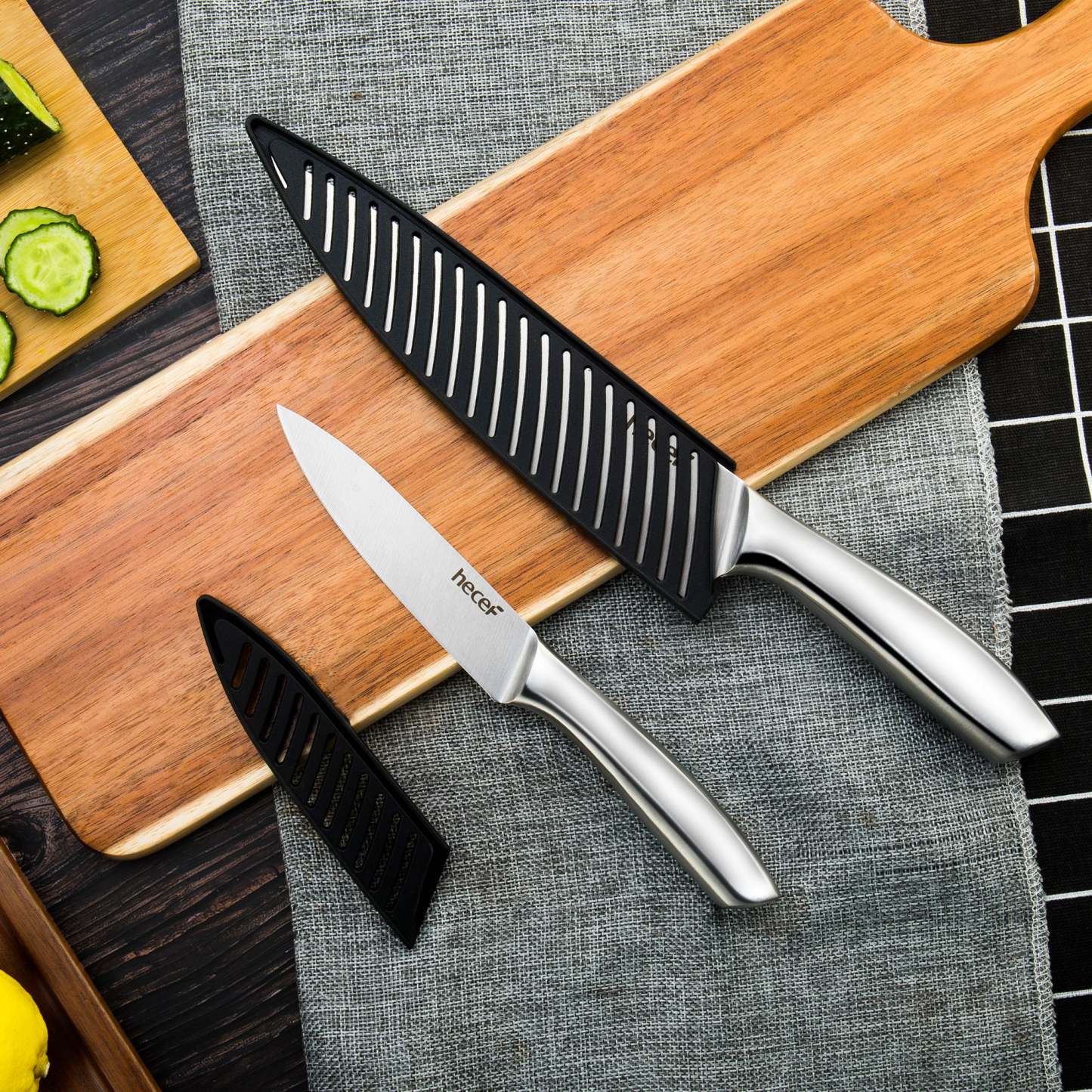 Hecef Kitchen All-Metal Silver Satin Knife Set of 5 with Sheaths - Hecef Kitchen