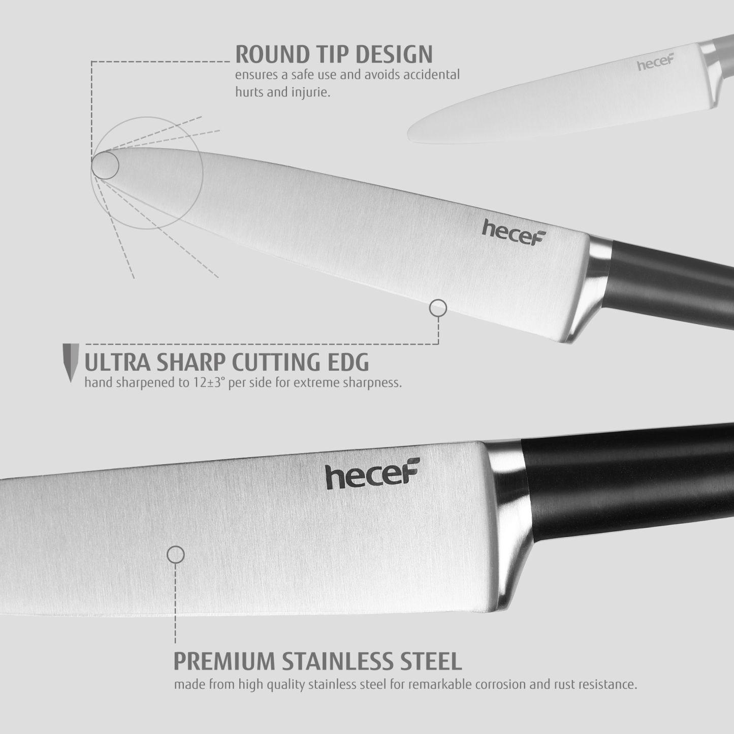 hecef 7pcs knife set with block – forged stainless steel kitchen knives, full tang handle with double bolster Red Dot Design Award, gift idea for the kitchen