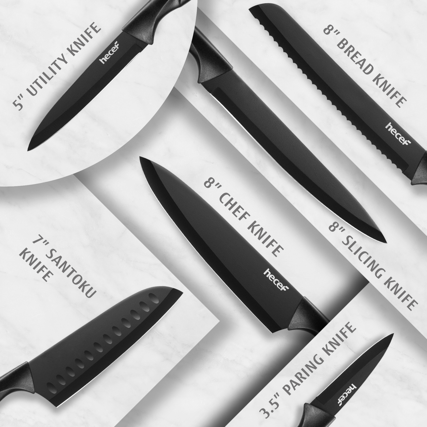 Hecef 6-Piece Stainless Steel Chef Cooking Knife Set with Blade Sheaths, Dishwasher Safe