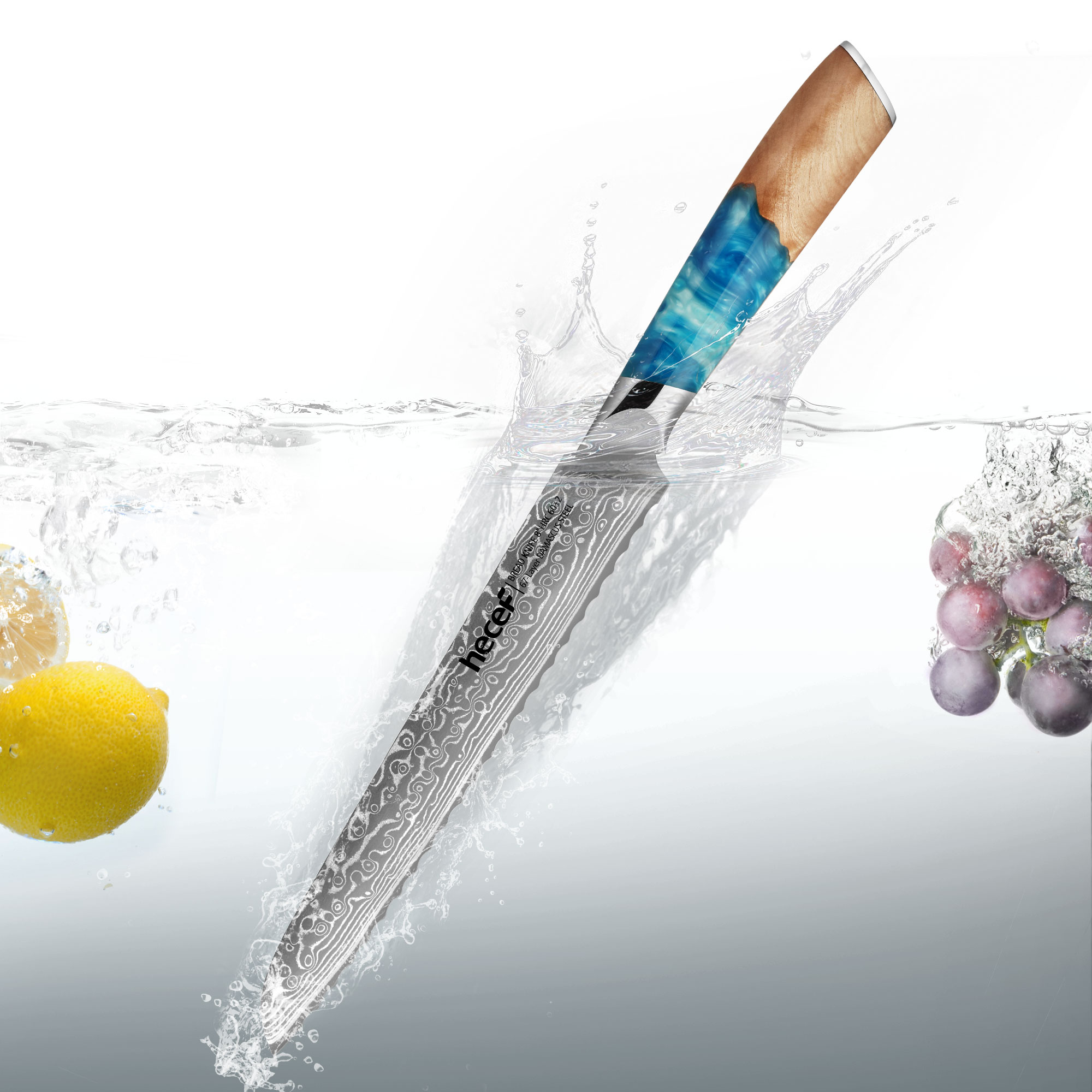 hecef 8.1in Damascus Bread Knife High Carbon Stainless Steel Ultra Sharp Janpanese Kitchen Knives with Resin Handle 