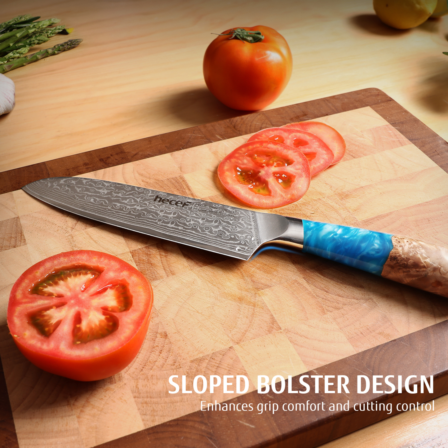 hecef 7in Damascus Chef Knife, High Carbon Stainless Steel Ultra Sharp Janpanese Kitchen Knives with Resin Handle