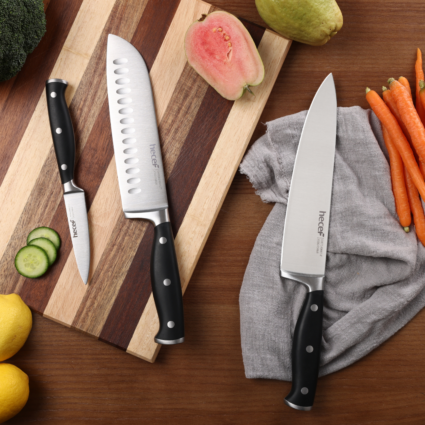 hecef Knife Set, 3-Piece Kitchen Knife Set with Ergonomic ABS Handle, Full Tang, Sharp Chef's Knife, Professional Knife Made of High-Quality Carbon Stainless Steel with Chef's Knife, Santukum Knife