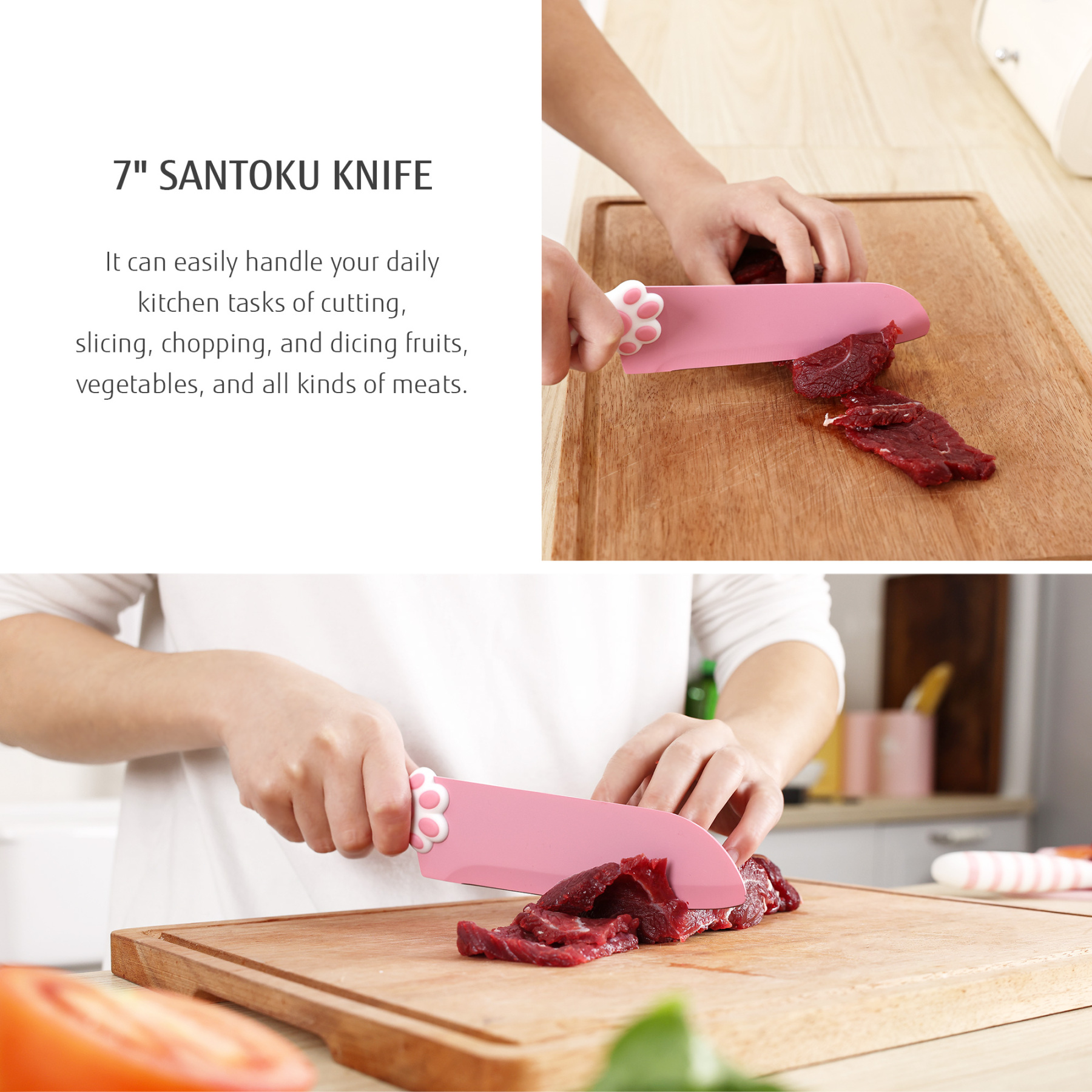 Meowkit Pink 3PCS Kitchen Knife Set Non-stick Coating Blade-PINK
